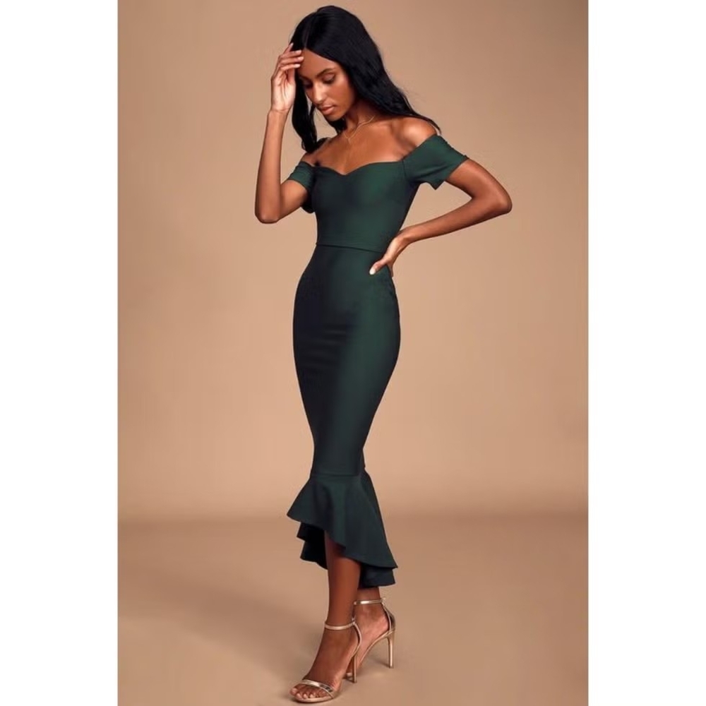 Lulu's Dark Green Off-Shoulder Midi Dress NWT - Picture 2 of 5